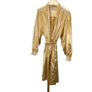 Eve Stillman silk gold khaki cream lace trim Vintage dressing robe L
